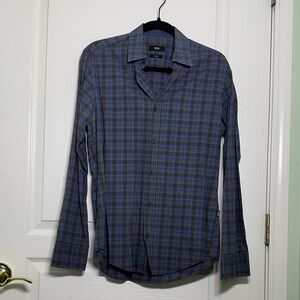 Hugo Boss Blue and Gray Plaid Button Down Shirt - Small